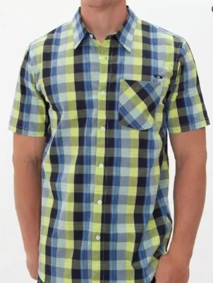 Oakley Mens Sz L Black YellowPlaid Button Up Dress Shirt Short Sleeve Streetwear - Image 1 of 4