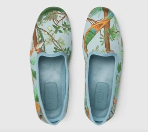 GUCCI SHOES ECO TIAN PRINT LT BLUE SATIN SLIPPER FLATS $740 39 9 US - Picture 1 of 20