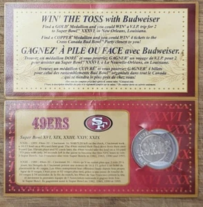 2001 Budweiser Canada Super Bowl Flip Coin + Folder San Francisco 49ers Damaged - Picture 1 of 1