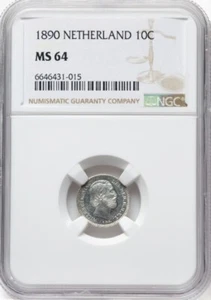 NETHERLANDS SILVER 10 CENTS 1890 NGC MS 64 UNC - Picture 1 of 4