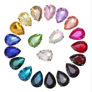 50 pcs Sew On Settings Colour Crystal Glass Rhinestone Teardrop Jewels Button - Picture 1 of 26