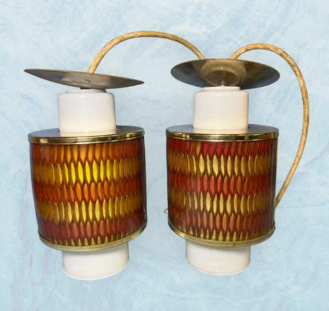 lot of 2 hanging MOE LIGHT Co Honeycomb Cranberry orange Mid Century Modern MCM Cover