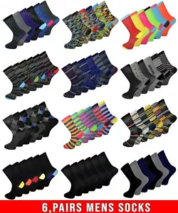 Mens Adults Socks Coloured Design 6 Pairs Smart Suit Work Golf Cotton Blend 6-11 - Picture 1 of 14