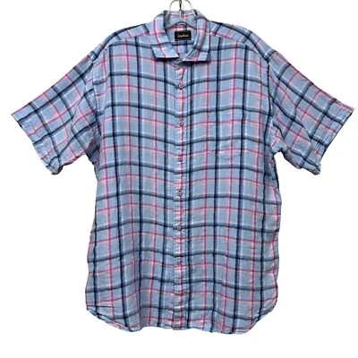 Neiman Marcus Madras Blue Linen Windowpane Plaid Short Sleeve Button Shirt L - Image 1 of 4