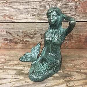 6" Cast Iron Nautical Sitting Mermaid Figurine Verde Verdigris Green Beach House - Picture 1 of 7