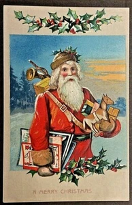 Merry Christmas Embossed Red Suited Santa w Arms full of Presents - Picture 1 of 2