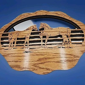 Vtg Oak Wood Horses In Pasture Mirror Wall Hanging Western Decor - Picture 1 of 3
