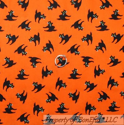 BonEful Fabric Cotton Quilt Orange Black B&W Halloween Kitty Cat Scary NEW SCRAP - Image 1 of 4