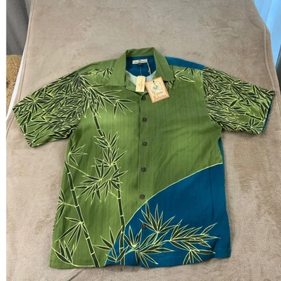 Tommy Bahama Aloha Shirt Men M Green Blue Bamboo Eclipse Print 100% Silk S/S New - Image 1 of 4