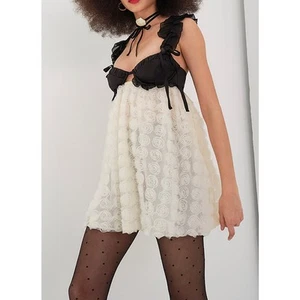 For Love and Lemons Vestito Grande Papavero Mini Abito Babydoll Nero Avorio - Foto 1 di 7