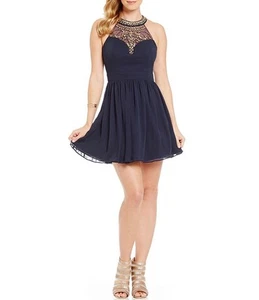 Navy Blue Women's B. Darlin High Neck Beaded Yoke Party Dress - Picture 1 of 2