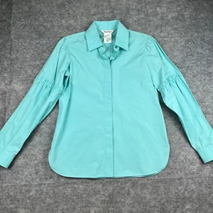 Max Mara Womens Button Front Blouse Size 6 Aqua Blue Ruffle Trim Ballon Sleeve - Picture 1 of 10