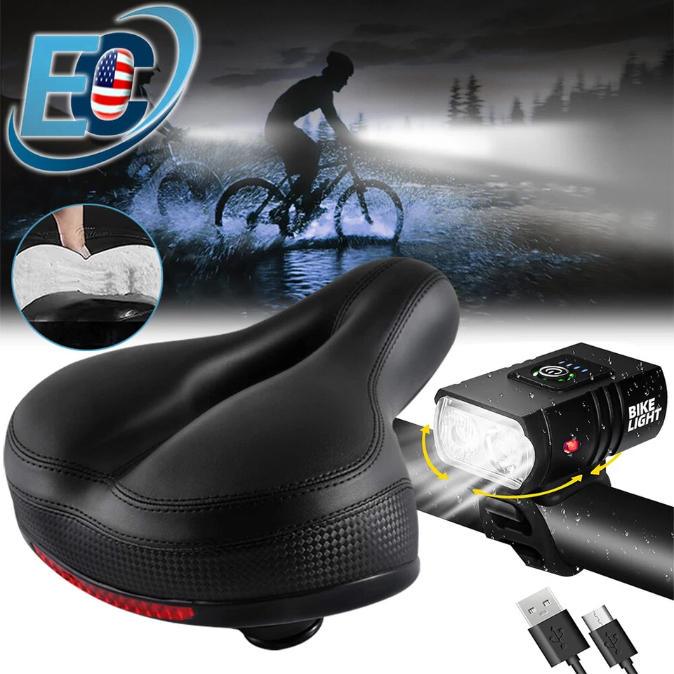 Comfort Wide Bike Bicycle Seat Saddle Soft Cushion & LED Bicycle Headlight Lamp  - Image 1 of 1