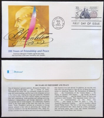 Scott 2036 FDC Benjamin Franklin US Sweden Amity Commerce Treaty Fleetwood Gold - Image 1 of 4