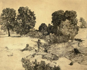 Peter Trumm 1888-1966 Estrasburgo Múnich / grabado "Escena en el arroyo" (¿amper?) - Imagen 1 de 12