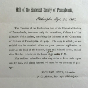 Antike Abonnentenmitteilung Halle der Historischen Gesellschaft von Pennsylvania 1867 - Bild 1 von 3