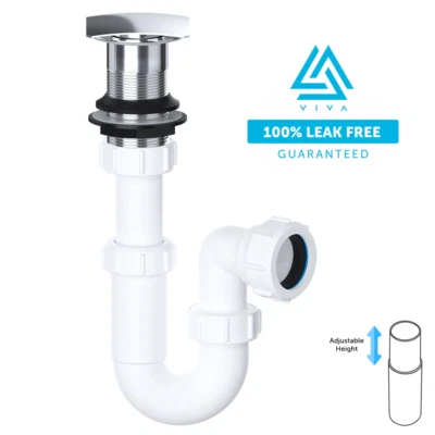 VIVA SANITARY 32mm Telescopic Basin Sink P Trap Pipe & Unslotted Square Chrome Waste Leak Free