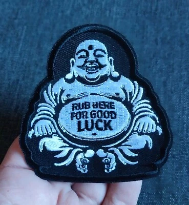 FAT BUDDHA ~ Rub Here For Good Luck ~ Motorcycle Jacket Vest BIKER PATCH - Image 1 of 4