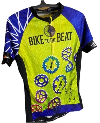 Funkier Full Zip Short Sleeve Navy Neon Green Cycling Jersey Men's L Pockets - Image 1 of 4