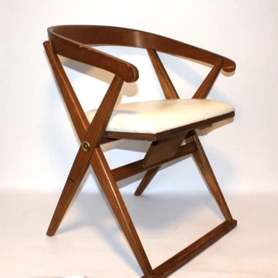 SILLA de campaña de madera DREXEL moderna de mediados de siglo de la década de 1950, espalda abierta redonda, base X Foto 1 de 4