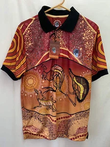 NWT - GUMARAA ABORIGINAL orange print Totem Indigenous Polo Shirt - S - Picture 1 of 9