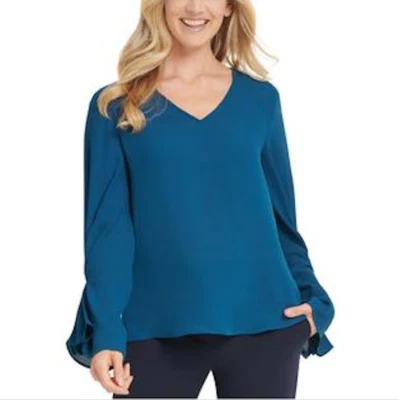 DKNY Women's Blue Ruffled Sleeve Pullover Blouse Size XS - Image 1 of 4