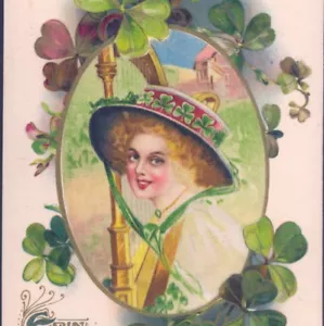 SCARCE SILK..!.SCHMUCKER ST. PATRICK DAY GLAMOUR LADY,SHAMROCKS,WINSCH POSTCARD - Picture 1 of 3