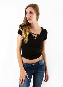 Fitted Criss Cross T Shirt Black Grey M L by Active Basic T2440 - Picture 1 of 6