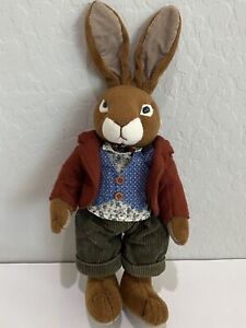 Vintage Russ Berrie Carlton Brown Bunny Rabbit Plush Stuffed Animal Dressed 14”