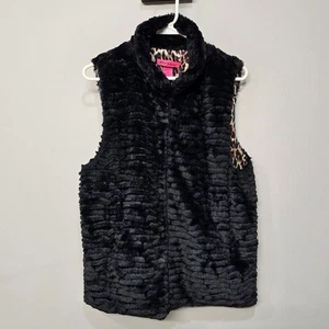 Betsey Johnson Faux Fur Vest Women Large Black Pockets Whimsigoth Fairy Grunge - Picture 1 of 6