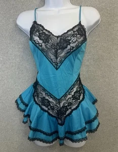 Vintage Night Moves Babydoll Dessous blau schwarz Spitze Satin Negligee 90er Y2K Style M - Bild 1 von 15
