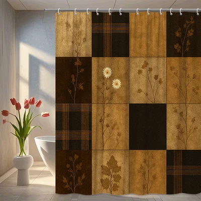 Cortina de ducha floral de granja en marrón y negro, decoración rústica Foto 1 de 4