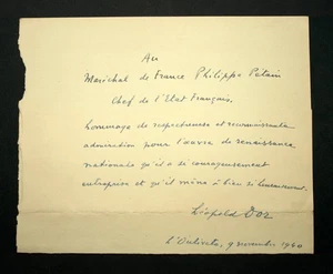 LÉOPOLD DOR, LETTRE AUTOGRAPHE À PÉTAIN, L’OULIVETO CANNES, 9 NOVEMBRE 1940 - Picture 1 of 2