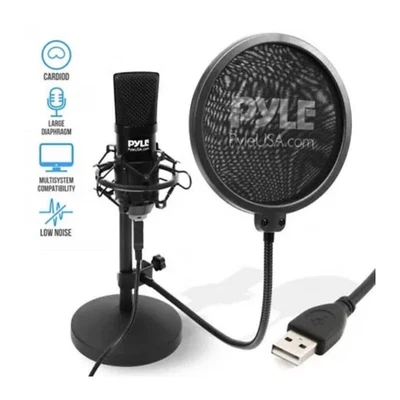 Micrófono condensador cardioide de audio USB Pyle PDMIKT120 con soporte de escritorio y filtro pop Foto 1 de 4