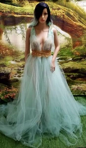 SAMPLE GOWN-"KLOWY" MINT GREEN TULLE GOLD LACE LEHENGA BRIDAL WEDDING GOWN SET - Picture 1 of 3