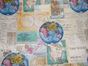 1 Yard Precut - Vintage Cartography WORLD MAP Prints 100% Cotton Fabric YARD - Picture 1 of 4