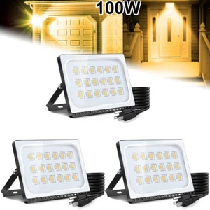 3X 100W LED Flood Light US Plug Warm White Outdoor Spotlight Garden Wall Lamp - Picture 1 of 7