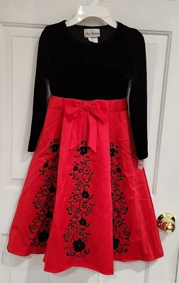 Rare Edition Girls Size 7 Black Velvet Long Sleeve Dress Red Satin Floral Skirt - Image 1 of 4