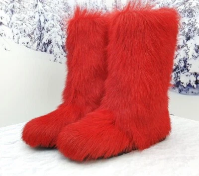 Botas de invierno de piel de cabra roja para mujer, botas de nieve, moutons, botas peludas para mujer Foto 1 de 4