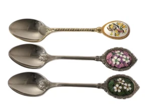 Vintage silver Plated 3 Teaspoons Picturesque Enamel Europe 20th century Decor - Picture 1 of 4
