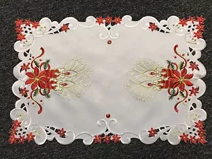 Tovaglietta Runner Natalizia Rossa Poinsettia Ricamo Taglio Bianco - Foto 1 di 6