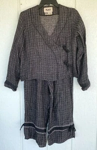 Vintage Flachs zierlich gebunden Wickel Twill Überschwemmungen 2-teiliges Set Outfit gewebt schwarz - Bild 1 von 6