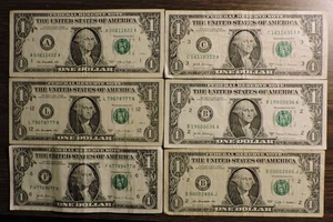 6 $1 Federal Reserve Notes, 2009, 2013 & 2017, low serial #, Trinary notes, etc - Picture 1 of 4