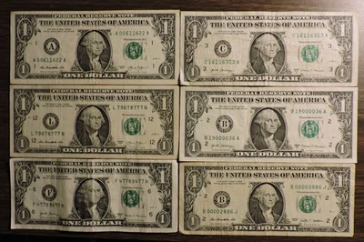 6 $1 Federal Reserve Notes, 2009, 2013 & 2017, low serial #, Trinary notes, etc - Image 1 of 4