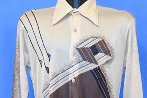 CAMISA DISCOTECA VINTAGE AÑOS 70 LA STRADA MARRÓN BEIGE CUBO GEOMÉTRICO ACETATO CUELLO GRANDE S - Imagen 1 de 6
