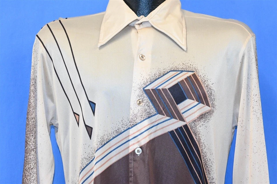 винтажный 70-х LA STRADA КОРИЧНЕВЫЙ БЕЖЕВЫЙ ГЕОМЕТРИЧЕСКИЙ КУБ АЦЕТАТ БОЛЬШОЙ ВОРОТНИК ДИСКО РУБАШКА S - Изображение 1 из 4