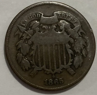 1865 US 2 Cent Piece 2c Exact Coin Imaged Civil War Era #2C58 - Image 1 of 2