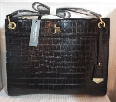 london fog handbag black brielle croco satchel hard plastic leather 23"Strap NWT - Image 1 of 3