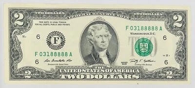 Billete De 2 Dólares Año 2009 Con Número De Serie- F 03188888 A. Para Colección. - Image 1 of 2
