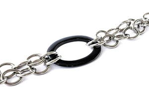 STAINLESS STEEL 2 ROW CHAIN BRACELET W/OVAL BLACK RESIN , TOGGLE CLOSURE, 7" - Picture 1 of 2